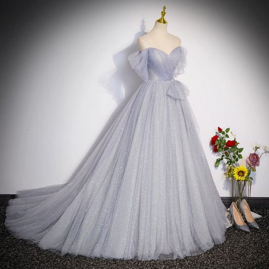 Evening Gown Short-Sleeve Mesh Off A-Line Plain Glitter Shoulder