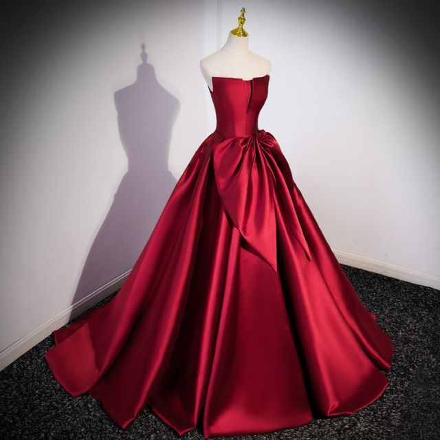 Tube Bow Plain A-Line Evening Gown Satin