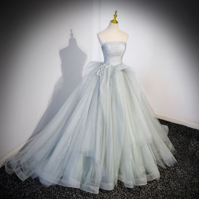 Ruched A-Line Plain Gown Bow Mesh Evening Tube