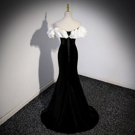 Short-Sleeve Gown Two Off Mermaid Velvet Shoulder Evening Tone Ruffle