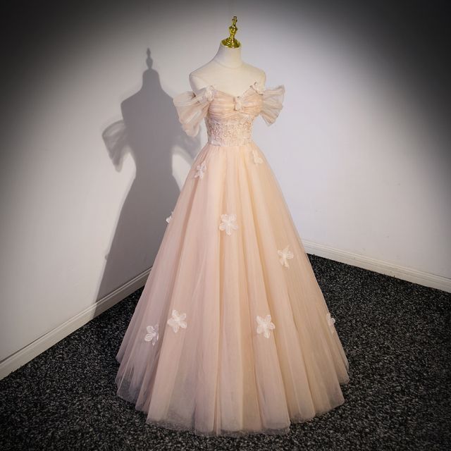 A-Line Shoulder Gown Panel Mesh Short-Sleeve Patterned Evening Off Floral