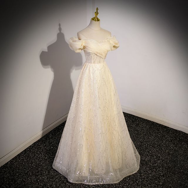 Shoulder Sequin Ruched Plain Off Mesh A-Line Evening Gown Short-Sleeve