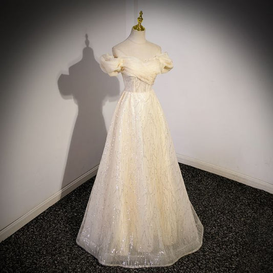 Shoulder Sequin Ruched Plain Off Mesh A-Line Evening Gown Short-Sleeve