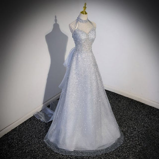 Evening Mesh Mock Beaded A-Line Gown Plain Neck Sleeveless