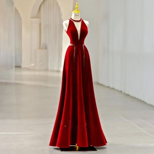 Rhinestone Plain Evening Velvet A-Line Neck Cutout Sleeveless Crew Gown