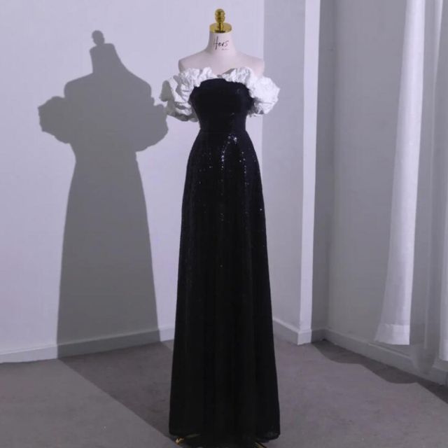 A-Line Bow Tube Gown Tone Evening Ruffle Two Short-Sleeve Sequin Off Shoulder