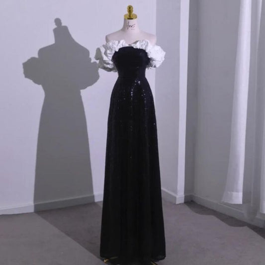 A-Line Bow Tube Gown Tone Evening Ruffle Two Short-Sleeve Sequin Off Shoulder