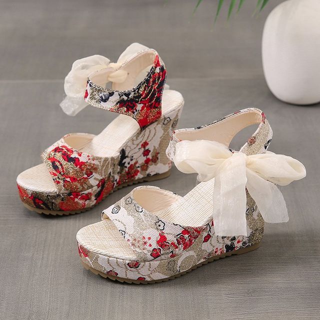 Floral Wedge Sandals Bow Platform Heel