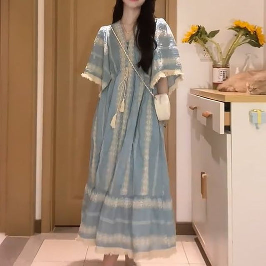 A-Line Dress Tassel Embroidered Panel V-Neck Midi Elbow-Sleeve