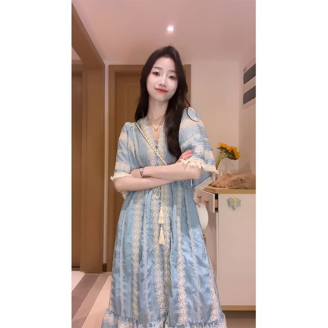 A-Line Dress Tassel Embroidered Panel V-Neck Midi Elbow-Sleeve