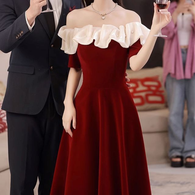 Short-Sleeve Off Shoulder Two Tone Midi A-Line Evening Dress