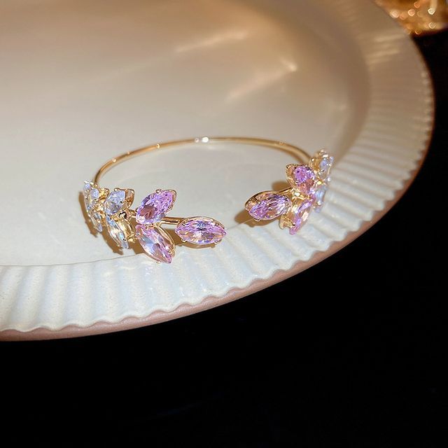 Leaf Alloy Open Rhinestone Bangle