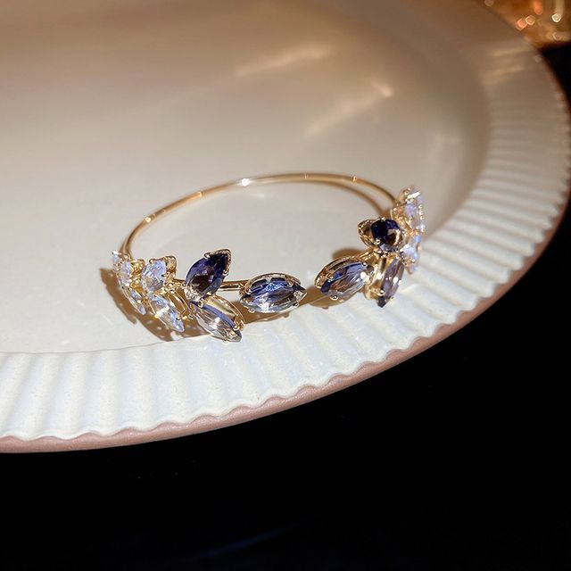 Leaf Alloy Open Rhinestone Bangle