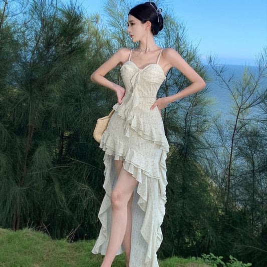 Maxi Trim A-Line Strap Floral Dress Ruffle Spaghetti