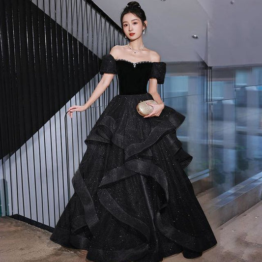 Glitter Shoulder Ruffle Rhinestone Velvet Off Panel A-Line Gown Evening Short-Sleeve