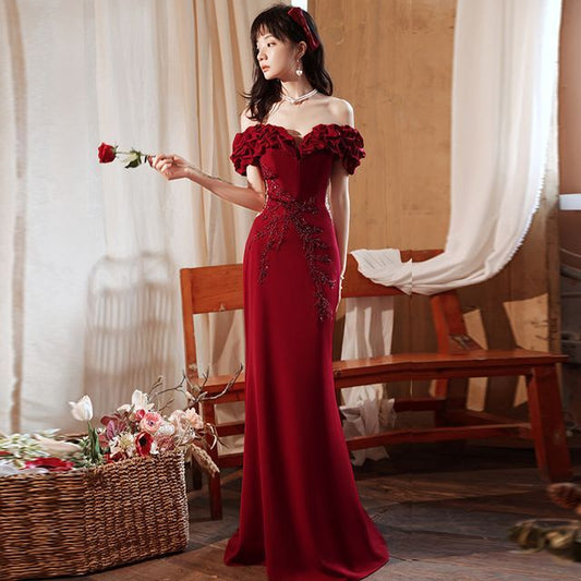 Short-Sleeve Beaded Gown Ruched Panel Shoulder Mermaid Off Plain Evening Mesh