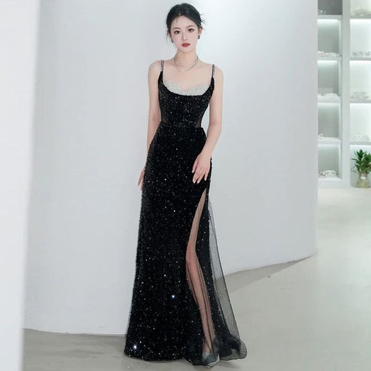 Two Panel Mesh Slit A-Line Spaghetti Strap Evening Sequin Gown Tone