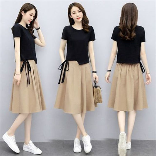 Skirt Short-Sleeve Round + Midi Neck Plain Set: T-Shirt Elastic Waist A-Line