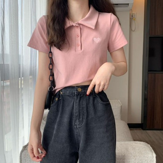 Embroidered Short-Sleeve Heart Polo Shirt