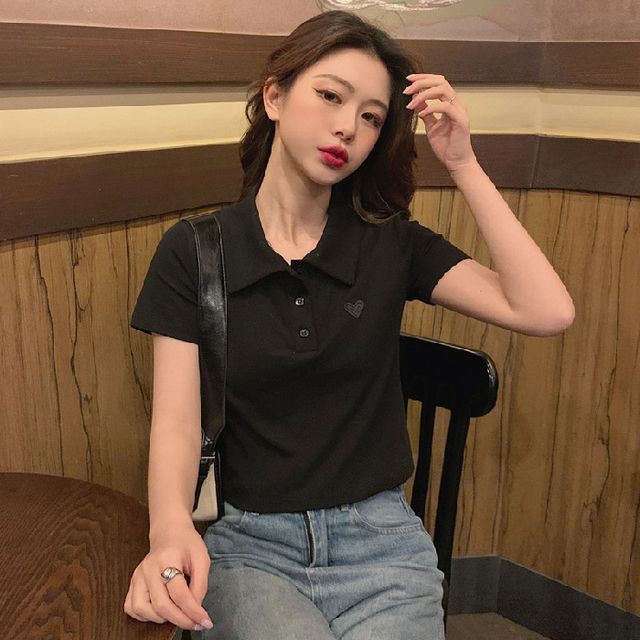 Embroidered Short-Sleeve Heart Polo Shirt