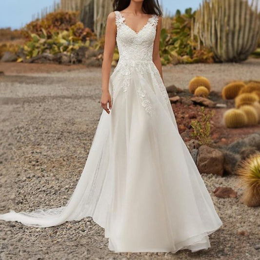 Wedding A-Line Sleeveless Gown V-Neck Lace