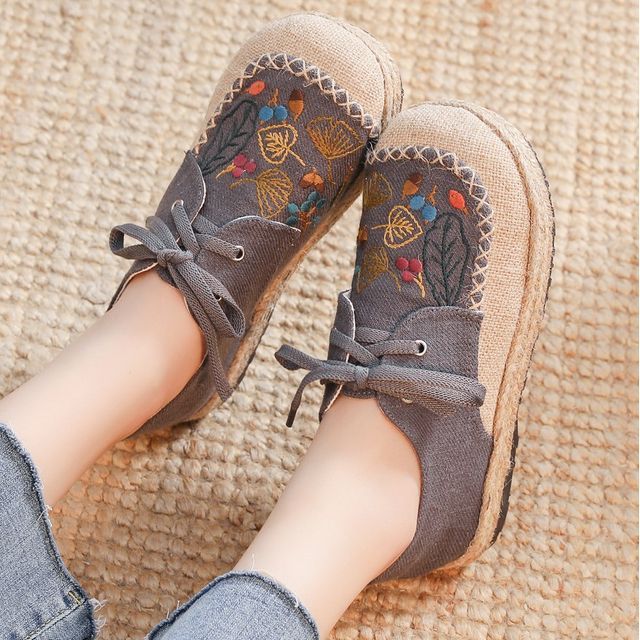 Leaf Embroidered Slip-Ons Lace-Up