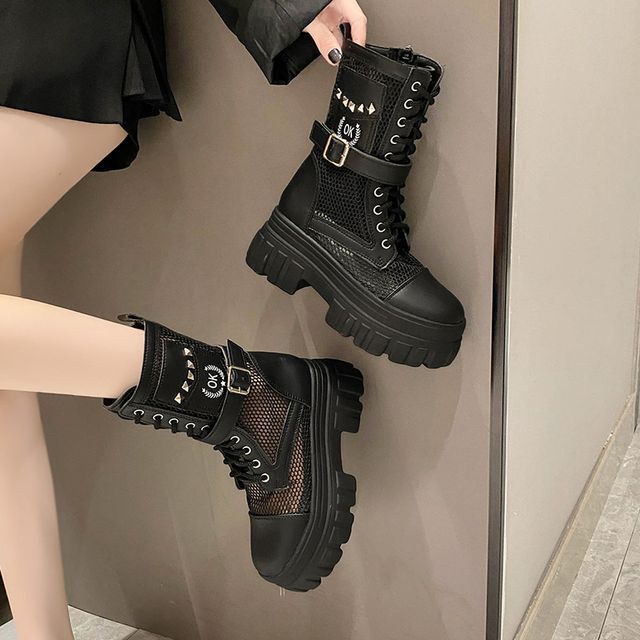 Lace-Up Short Platform Mesh Panel Boots Studded