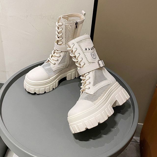 Lace-Up Short Platform Mesh Panel Boots Studded