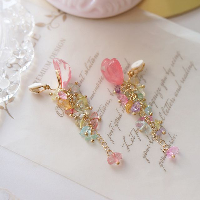 Dangle Heart Floral Earring Acrylic