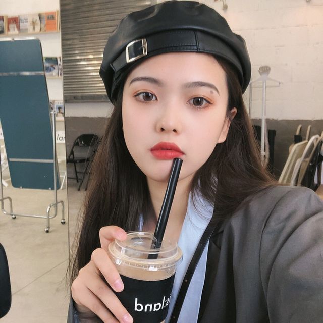 Leather Beret Buckled Faux