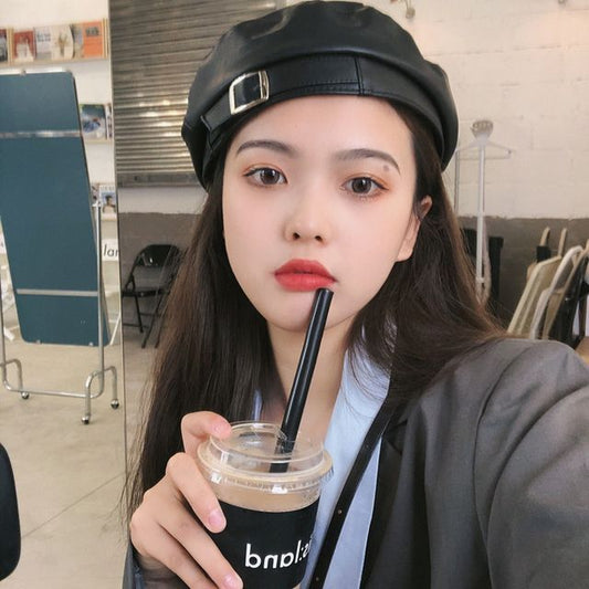 Leather Beret Buckled Faux