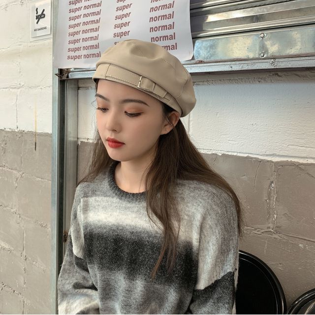 Leather Beret Buckled Faux