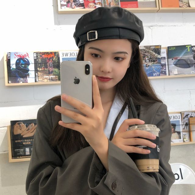 Leather Beret Buckled Faux