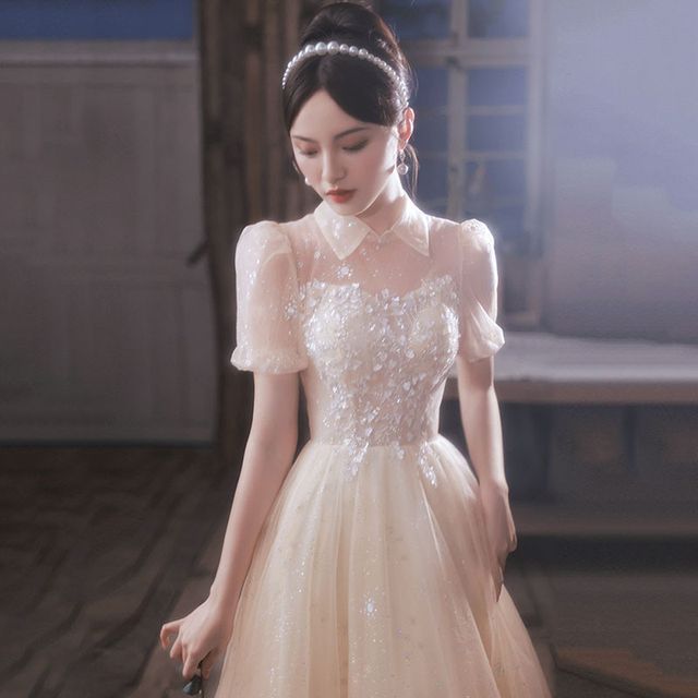 Short-Sleeve A-Line Midi Dress Gown Evening / Mesh