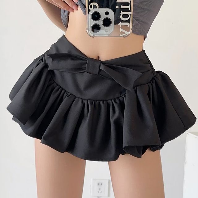 A-Line Mini bow Plain Mid Skirt Waist