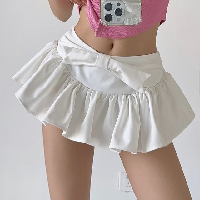 Waist Skirt Plain Mid Mini A-Line bow