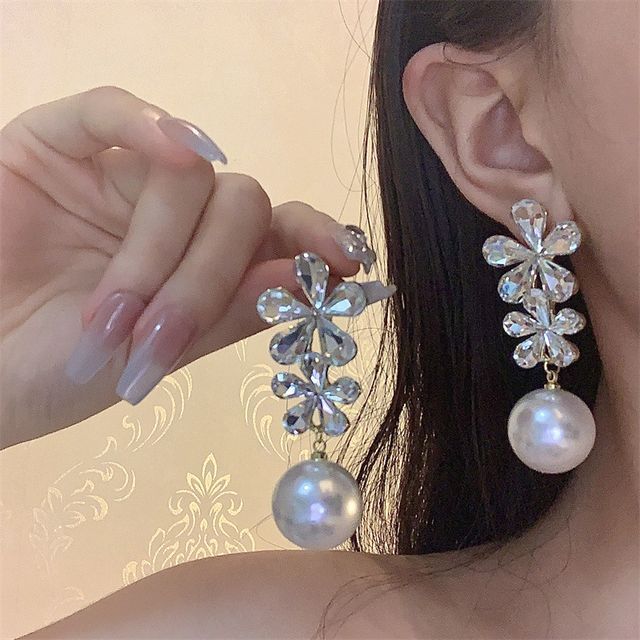 Drop Flower Rhinestone Pearl Earring Faux