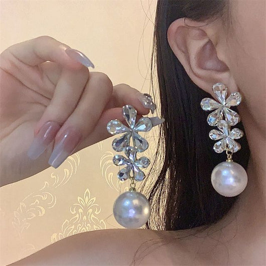 Drop Flower Rhinestone Pearl Earring Faux