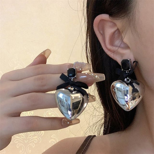 Rhinestone Bow Earring Heart Drop