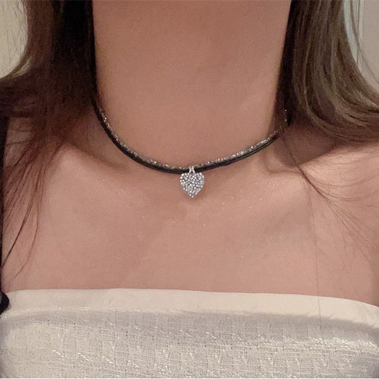 Heart Cord Necklace Faux Rhinestone Leather