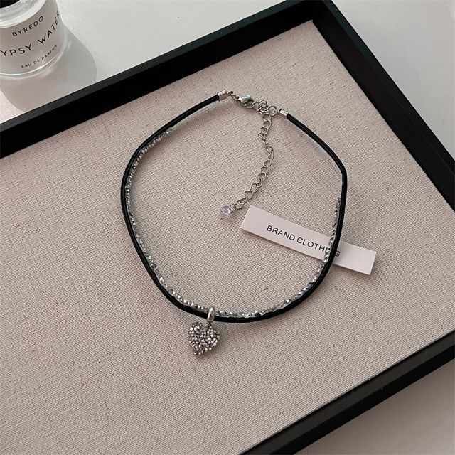Heart Cord Necklace Faux Rhinestone Leather