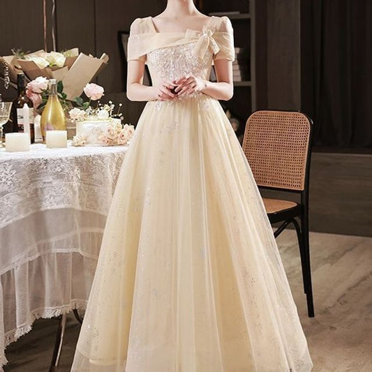 Evening Gown Square Neck A-Line Mesh Short-Sleeve