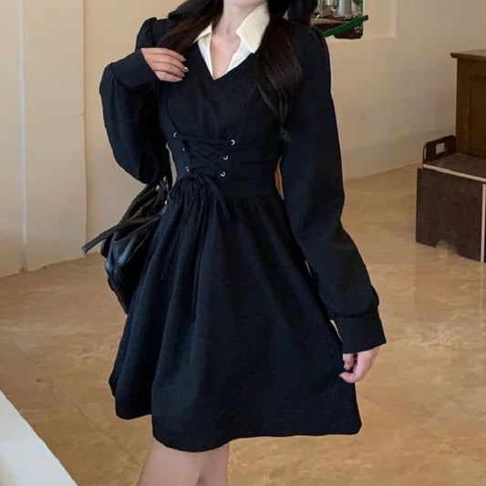 Mini Two-Piece Puff-Sleeve Lace-Up Mock Contrast Dress Collar A-Line