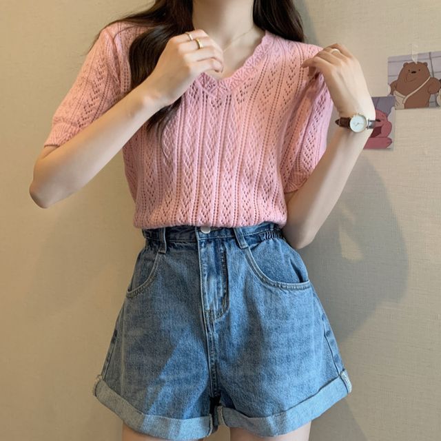 Crochet Top Knit Short-Sleeve V-Neck