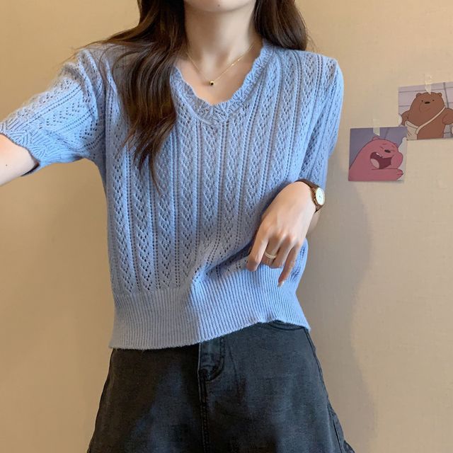 Crochet Top Knit Short-Sleeve V-Neck