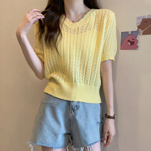 Crochet Top Knit Short-Sleeve V-Neck