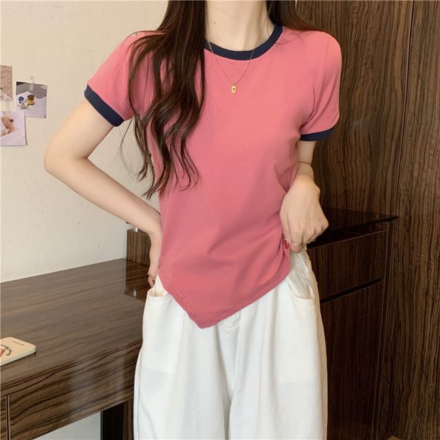 Asymmetrical Neck Contrast Short-Sleeve Plain Trim Tee Crew