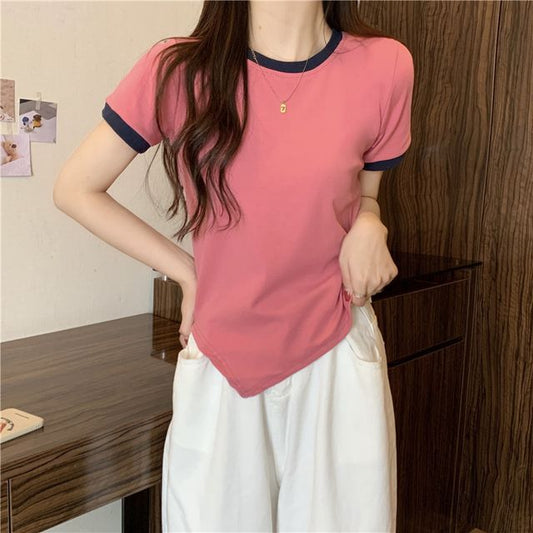 Asymmetrical Neck Contrast Short-Sleeve Plain Trim Tee Crew
