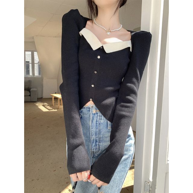 Knit Slim-Fit Puff-Sleeve Top Square-Neck