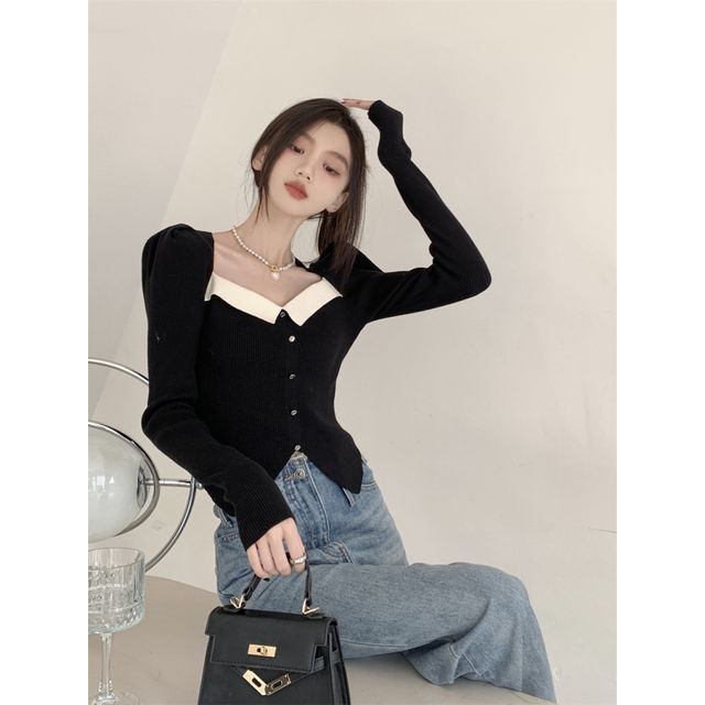 Knit Slim-Fit Puff-Sleeve Top Square-Neck